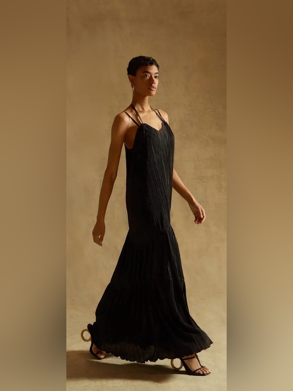 Hudson Black Pleated Tiered Plisse Maxi Dress Spaghetti Strap Size S NWT/0411